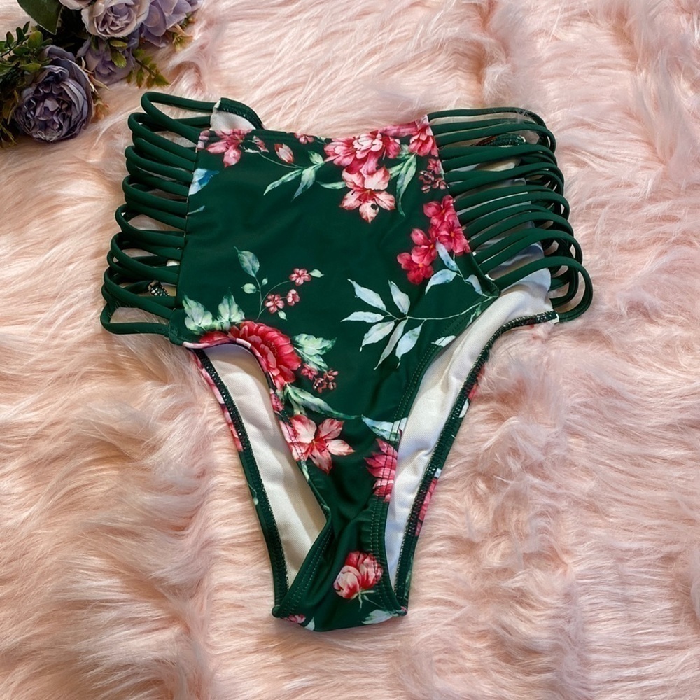 Green Pink Floral High Waist Bikini Bottoms sz S
